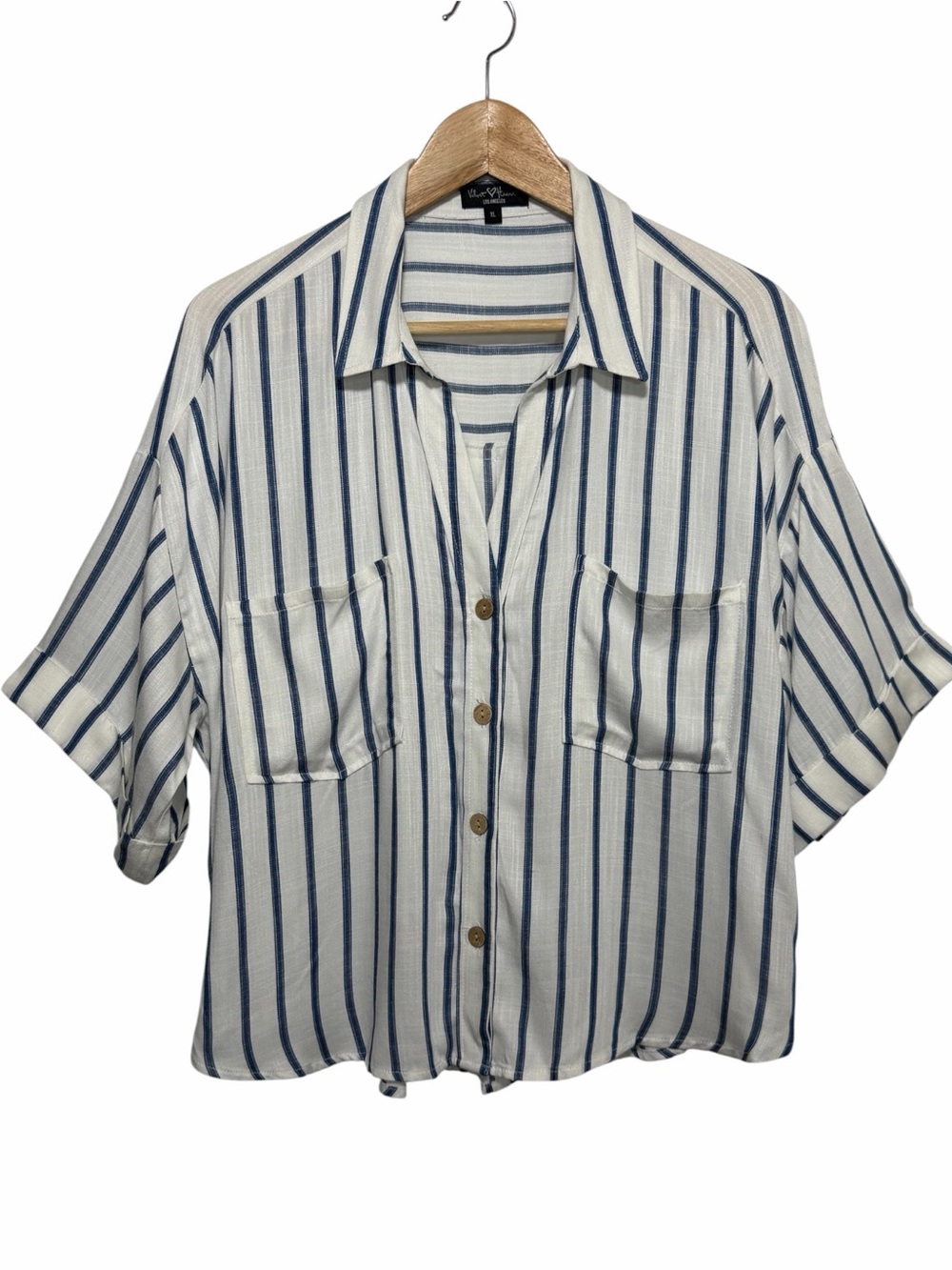 Velvet Heart LA Womens Linen Blend Blue Striped Button Short Slv V Neck Top XL